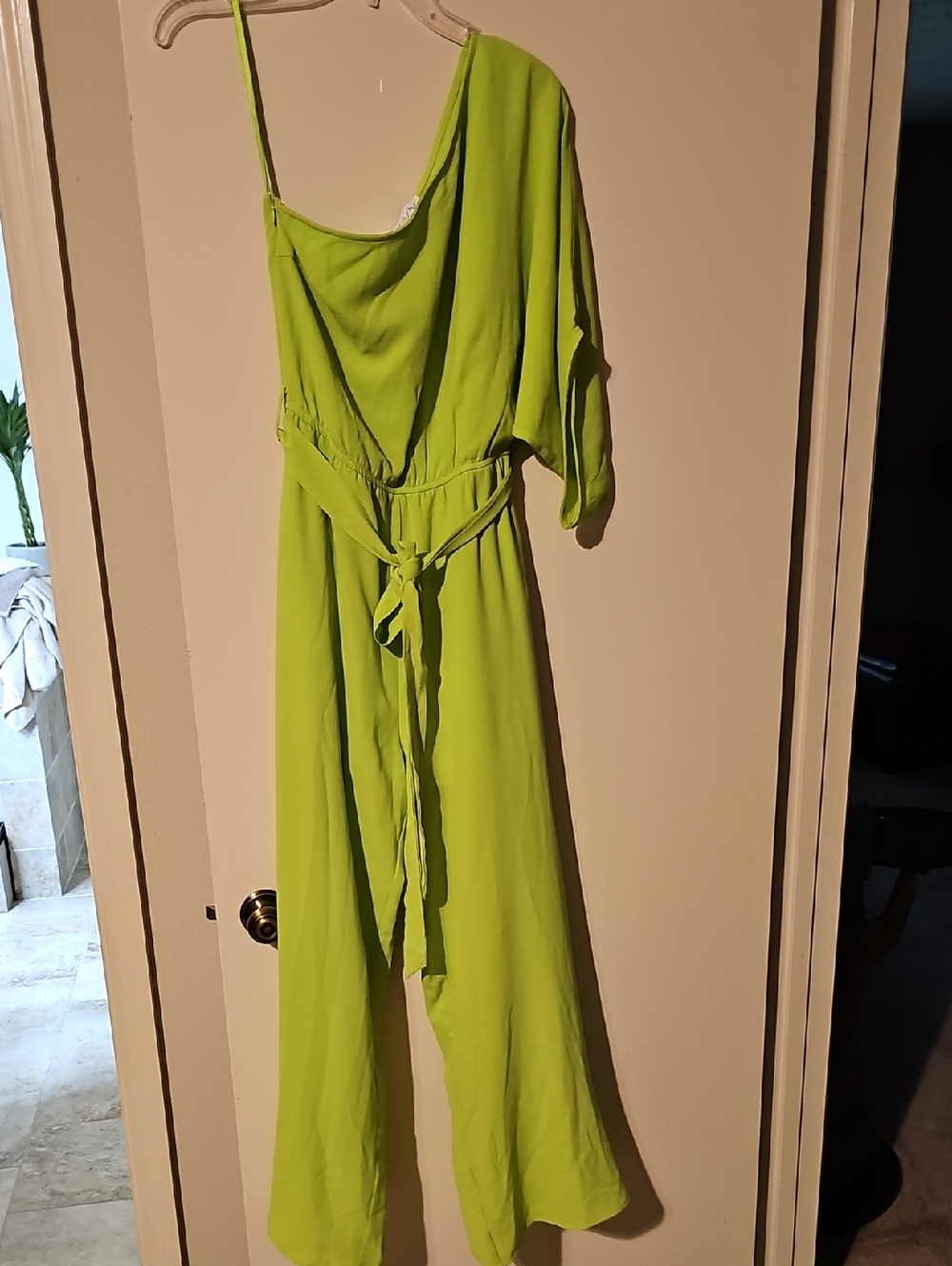She + Sky One-Shoulder Lime Green Jumpsuit with Self-Tie Belt